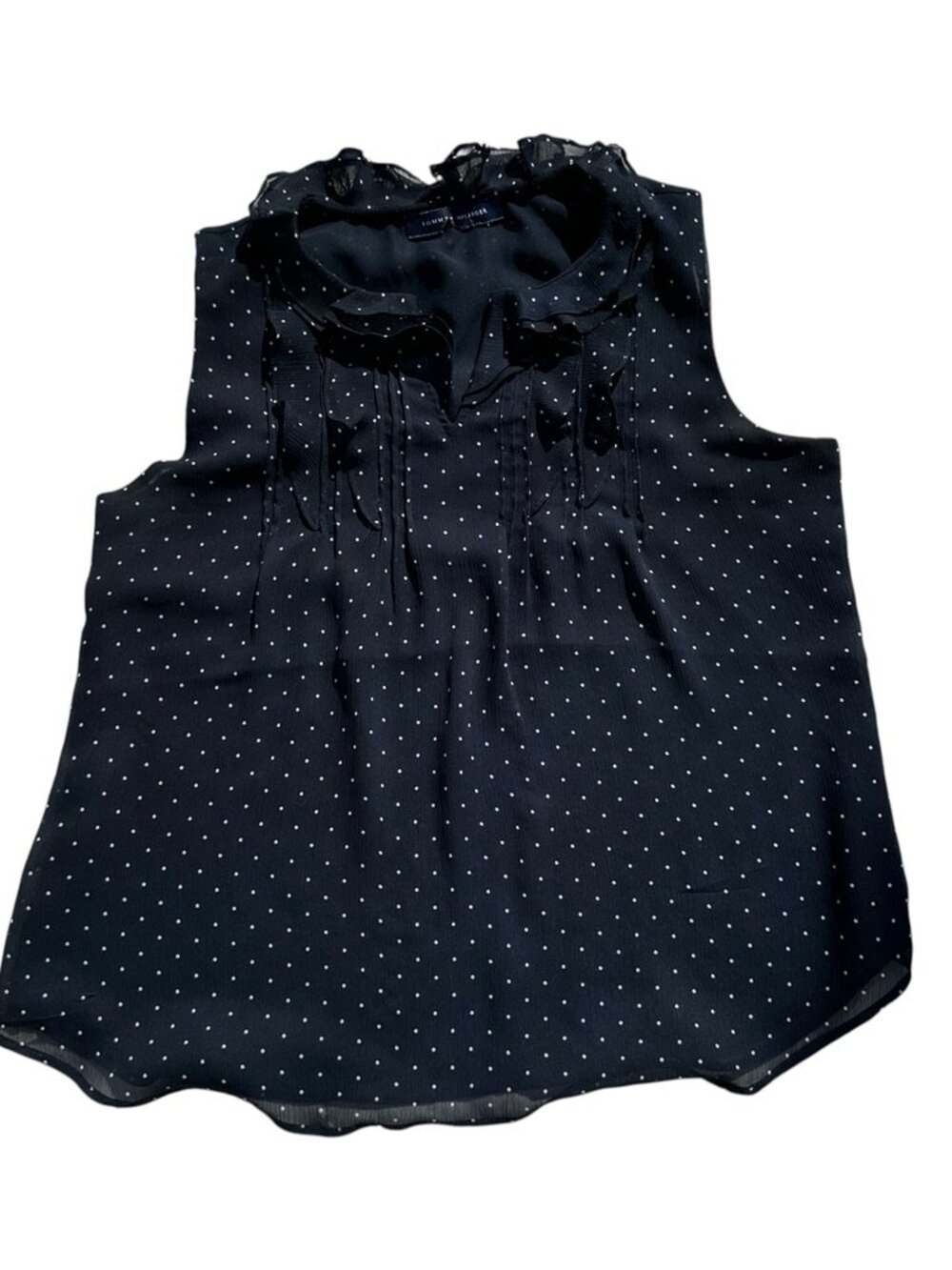 Tommy Hilfiger Polka Dot Ruffle Neck Blouse Navy White Small S